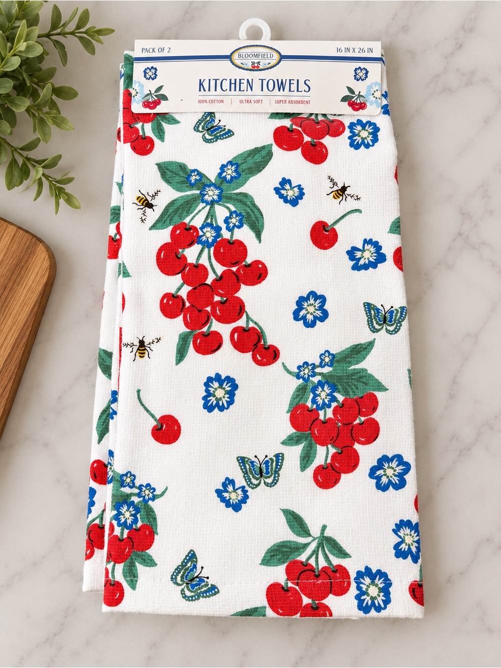Bloomfield White Cotton Kitchen Towels with Red Cherry Print - Pack of 2